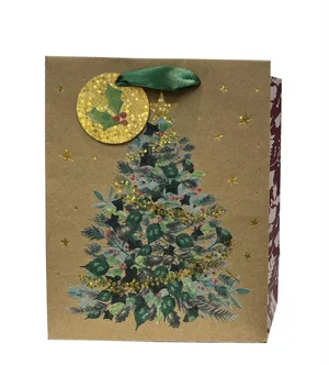 Paper T. Xmas DLX Gift Bag, Xmas  Tree, Medium, Kraft+HS, j-hook+tag