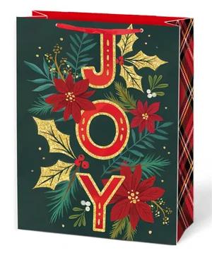 Paper T. Xmas Gift Bag, Joy  w/Poinsetta, Large, Matte+Glitter