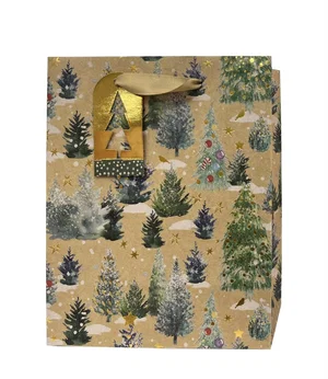 Paper T. Xmas DLX Gift Bag, Trees, Medium, 7"x9"x4
