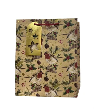 Paper T. Xmas DLX Gift Bag, Birds,  Large, 10.25"x12.6"x4.7"