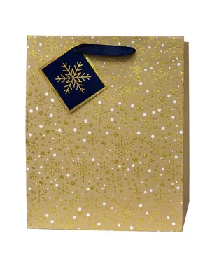 Paper T. Xmas DLX Gift Bag, Gold  Snowflakes, Large, 10.25"x12.6"x4.7"