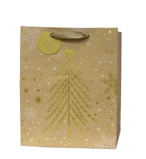Paper T. Xmas DLX Gift Bag, Gold  Tree, Large, 10.25"x12.6"x4.7"