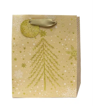 Paper T. Xmas DLX Gift Bag, Gold  Tree, Medium, 7"x9"x4"