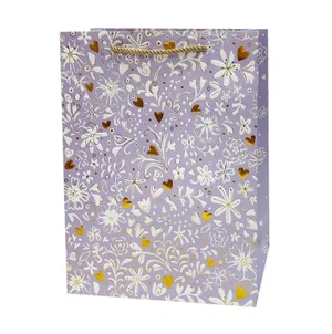 Gift Bag, Medium, Purple Floral/Hearts, Emboss
