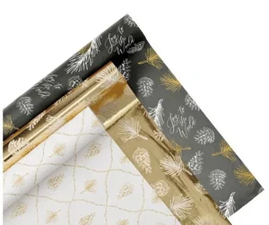 Wrapping Paper Set 3 pc Joy to the World White Grey Gold