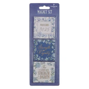 Magnet Set 3 pc Blue Floral Strength And Dignity Prov. 31:25