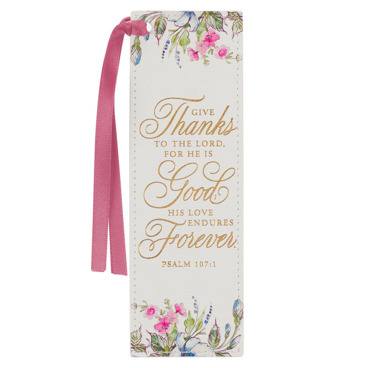 Give Thanks White Floral Faux Leather Bookmark