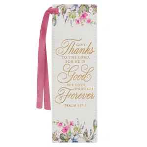 Give Thanks White Floral Faux Leather Bookmark