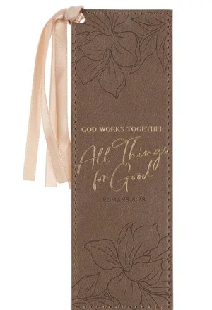 Bookmark Faux Leather Brown God Works For Good Romans 8:28