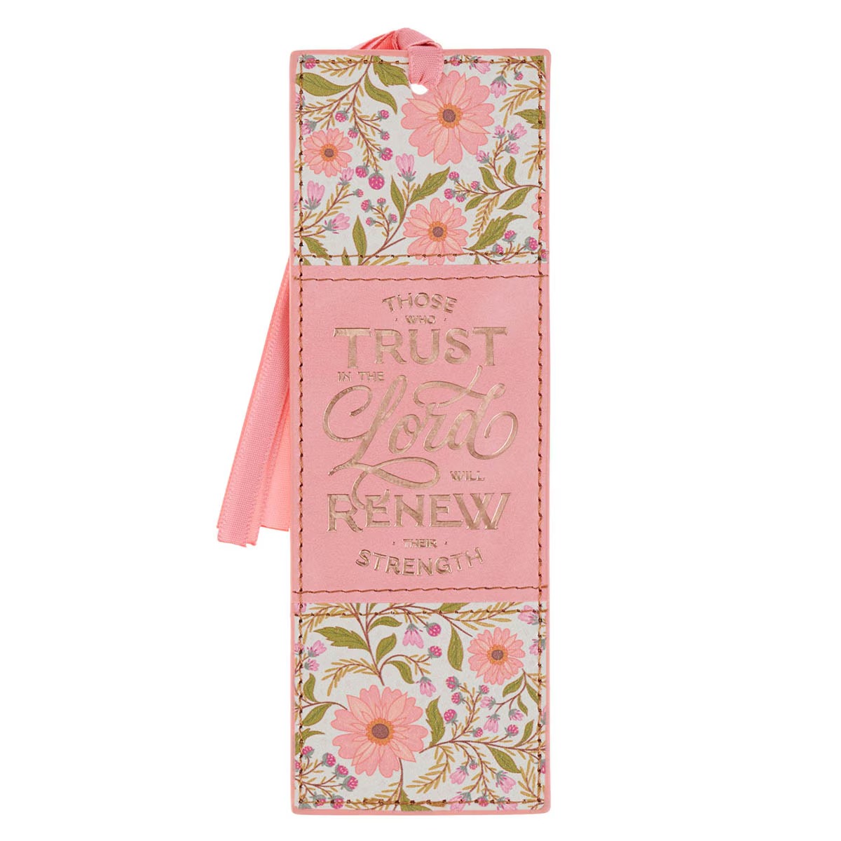 Image of Bookmark Faux Leather Coral Floral Those Who Trust In The Lord Isa. 40:31