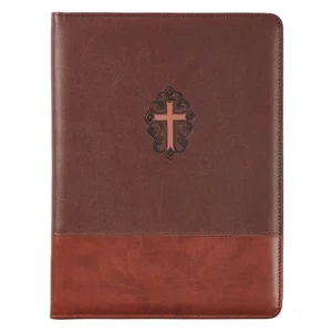 Portfolio Folder With Cross Two-Tone Brown Faux Leather John 3:16