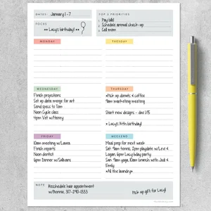 Simple Weekly Colour Coded Task Pad