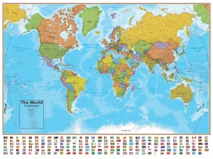 World Wall Map With Flags -Laminated 51"x38"