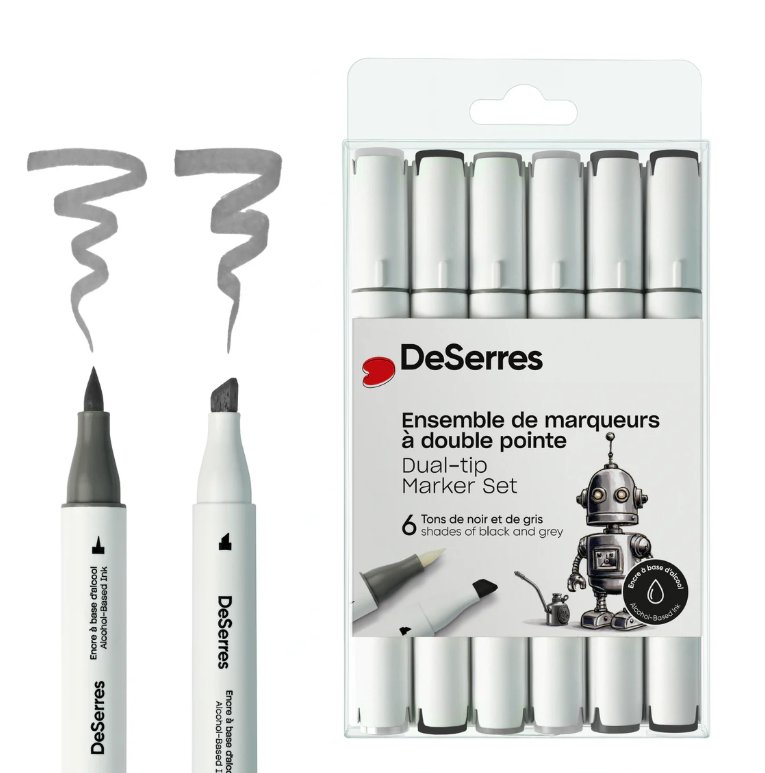 Image of DeSerres Alcohol Dual Tip Marker 6 pk – Black & Grey