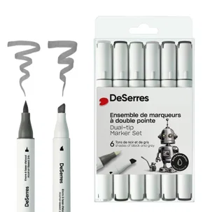 DeSerres Alcohol Dual Tip Marker 6 pk - Black & Grey