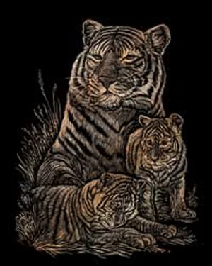Copper Engraving Art Tiger & Cubs